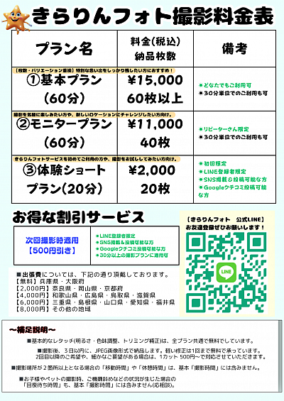 ※施設での撮影の場合、入園料などが発生する際は、カメラマン分も含めてご負担をお願いしております（多くの出張撮影サービスでも同様の対応となっております）。恐れ入りますが、あらかじめご了承くださいませ。